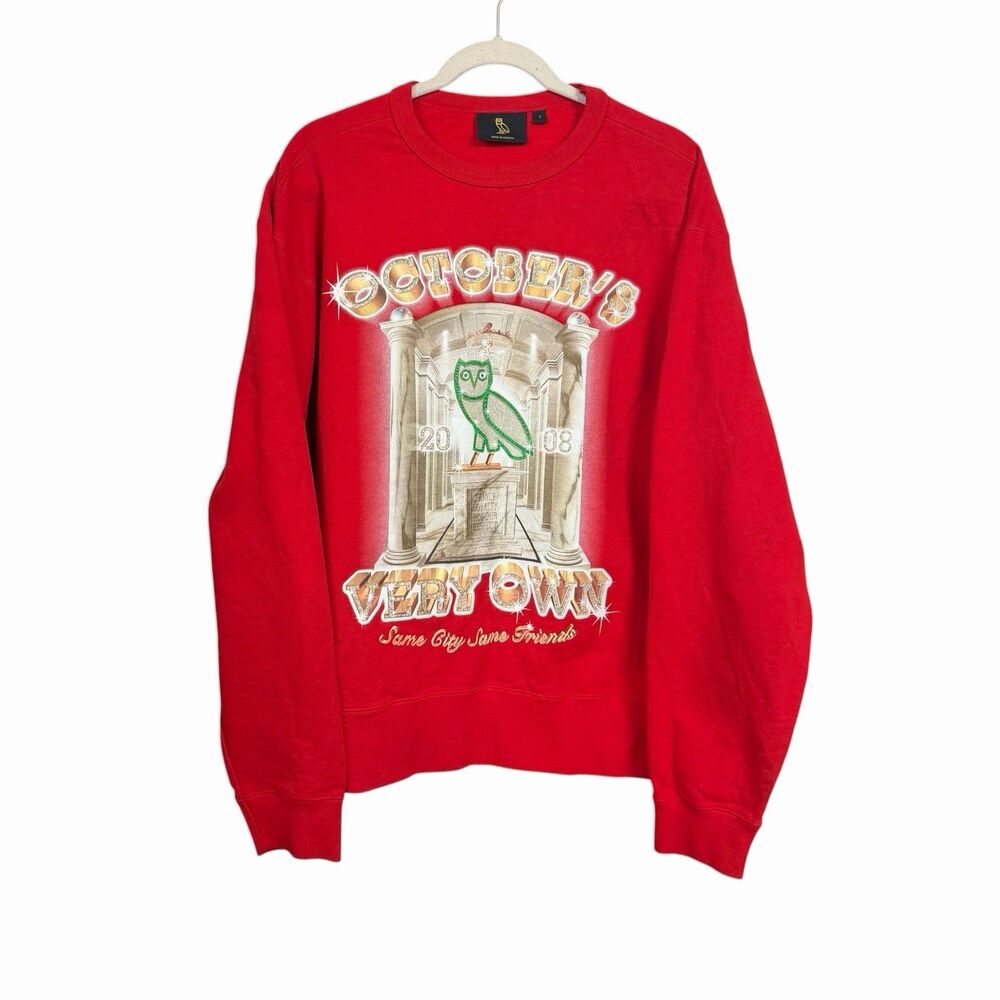 October's Very Own OVO Sweatshirt Mens Sz L Red Owl Graphic Crewneck Pullover